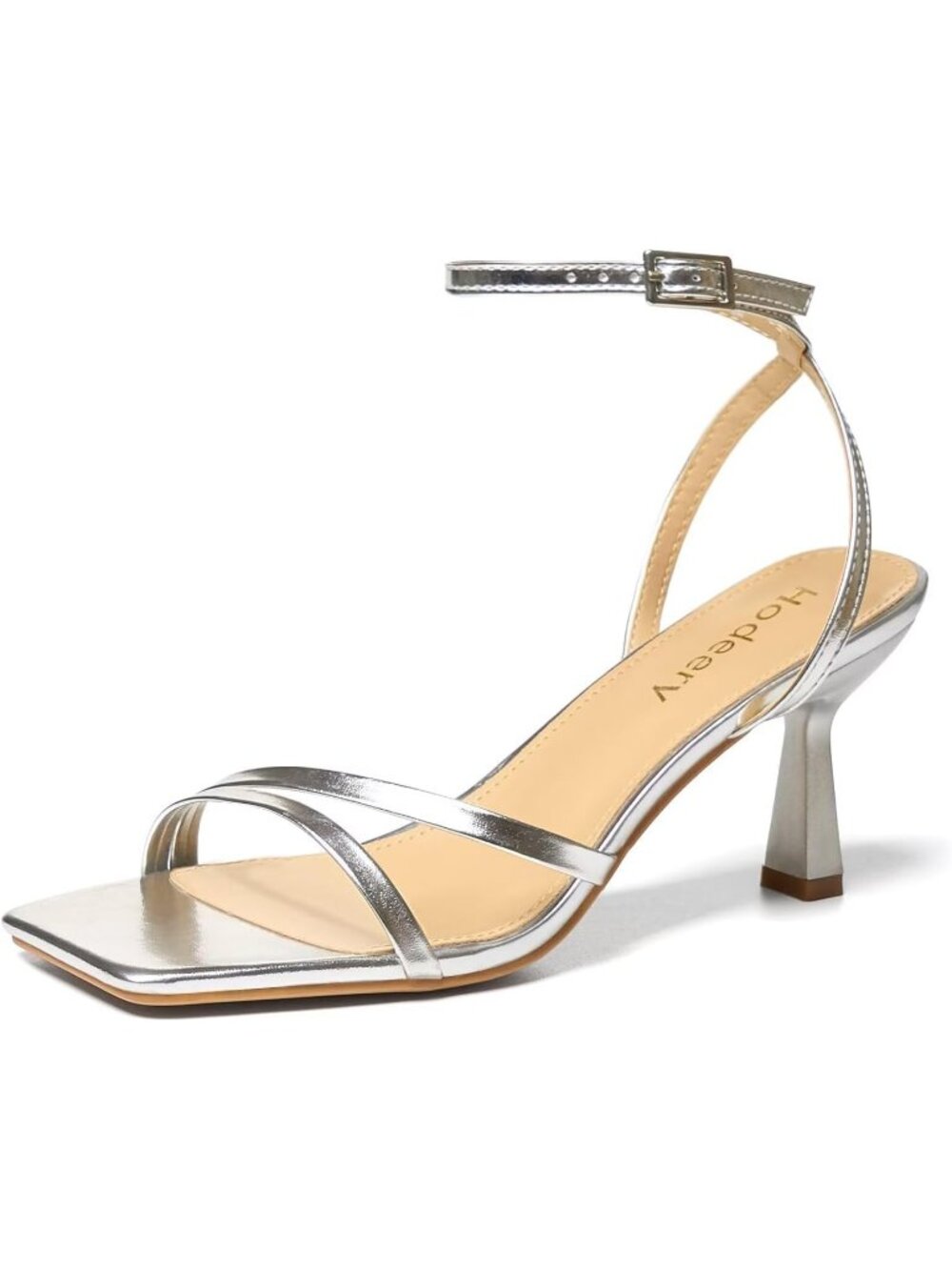 〽️Womens Silver Strappy Square Toe Kitten Heels Ankle Strap Wedding Party Sandal